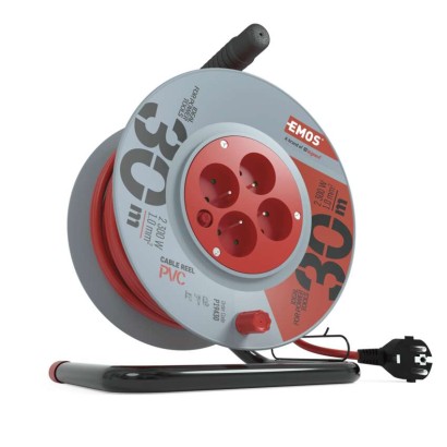 Predlžovací kábel na bubne 30 m / 4 zásuvky / červený / PVC / 230 V / 1 mm2