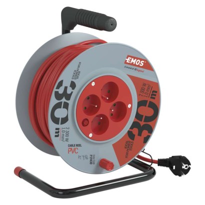 Predlžovací kábel na bubne 30 m / 4 zásuvky / červený / PVC / 230 V / 1 mm2