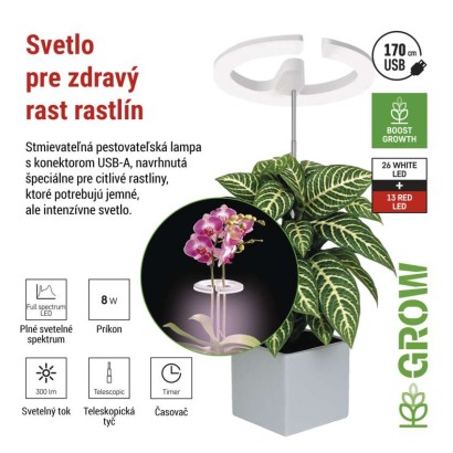 LED GROW pestovateľská lampa 8 W, časovač, stmievateľná, biela