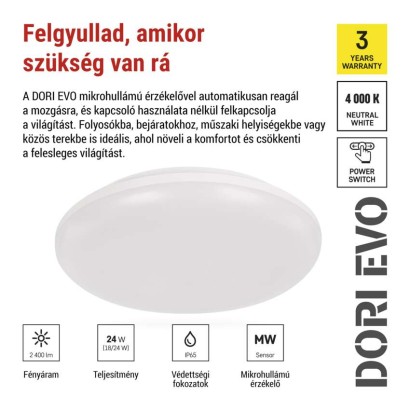LED mennyezeti lámpatest DORI EVO, MW, kerek, fehér 24W, IP65, Természetes fehér