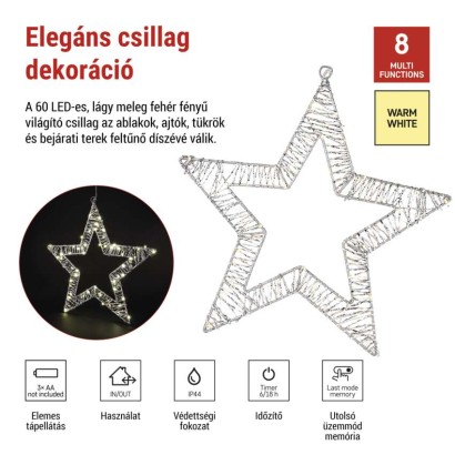 LED-dísz – függő csillag, 3xAA, meleg fehér, időzítő