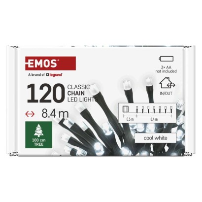LED Weihnachtliche Lichterkette, 8,4 m, 3x AA, Außen und Innen, Kaltweiß, Timer