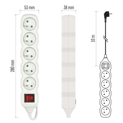 Predlžovací kábel 10 m / 5 zásuviek / s vypínačom / biely / PVC / 1 mm2