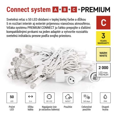 Premium LED spojovacia reťaz biela, 5 m, vonkajšia aj vnútorná, teplá biela