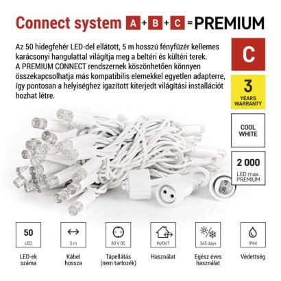 Premium LED sorolható füzér, fehér, 5 m, kültéri és beltéri, hideg fehér