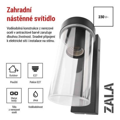 Zahradní nástěnné svítidlo ZALA,  12,8 × 8,0 × 23,0 cm, 1 × E27, 15 W