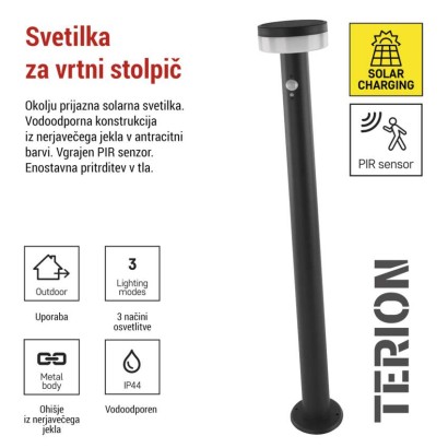 Vrtna LED stoječa svetilka TERION s PIR senzorjem, 12,5 x 12,5 x 80 cm