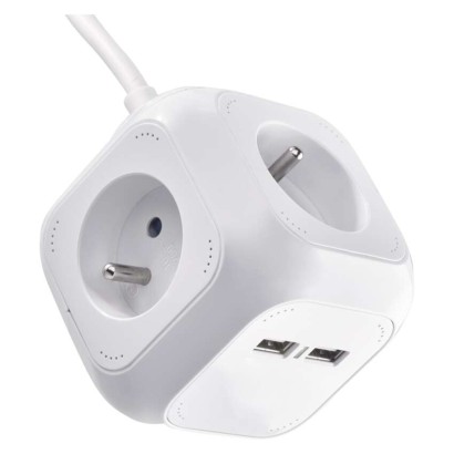 Predlžovací kábel - kocka 1,9 m / 4 zásuvky / biely / PVC / s USB / 1 mm2