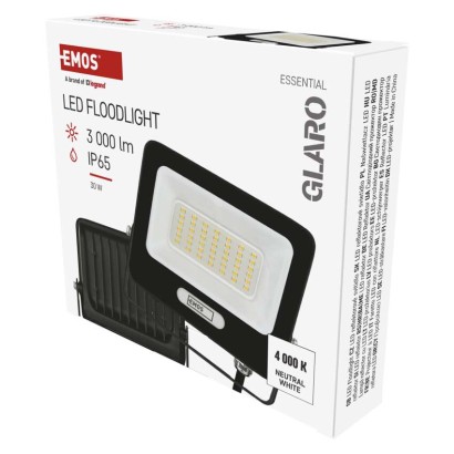 LED reflektor GLARO 30W, fekete, IP65, 3000 lm, természetes fehér