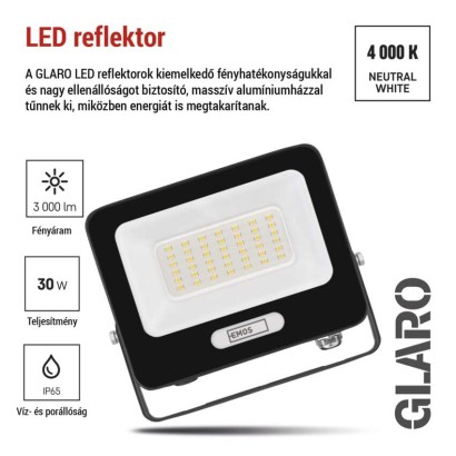 LED reflektor GLARO 30W, fekete, IP65, 3000 lm, természetes fehér