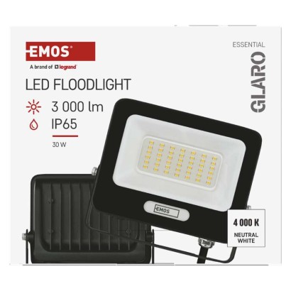 LED reflektor GLARO 30W, fekete, IP65, 3000 lm, természetes fehér