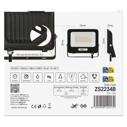 LED reflektor GLARO 30W, fekete, IP65, 3000 lm, természetes fehér