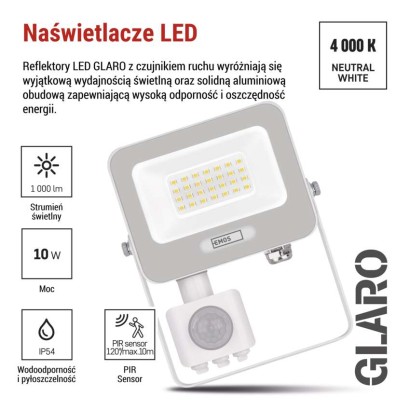 Naświetlacz LED GLARO PIR 20 W, biały, IP54, 2000 lm, neutralna biel