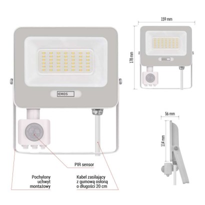 Naświetlacz LED GLARO PIR 30 W, biały, IP54, 3000 lm, neutralna biel