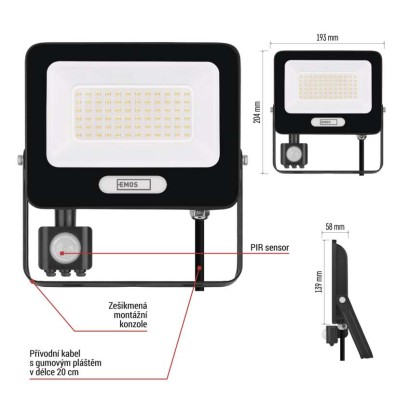 LED reflektor GLARO s pohybovým čidlem, 50 W, černý, IP54, 5000 lm, neutrální bílá