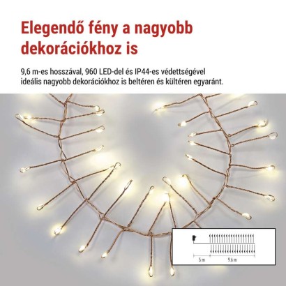 LED nano fényfüzér tekercsen, rézszínű, 9,6 m, meleg fehér, időzítő