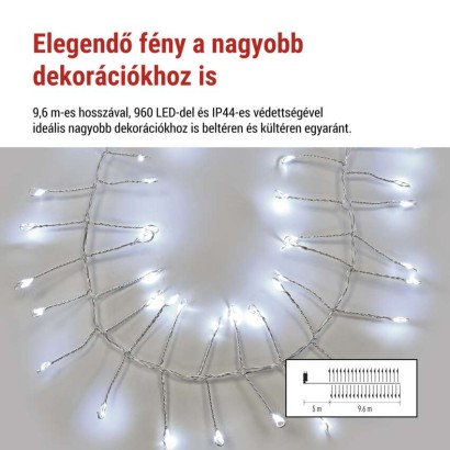 LED nano fényfüzér tekercsen, ezüst , 9,6 m, hideg fehér, időzítő