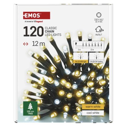 Lampki choinkowe Classic 120 LED 12m ciepła biel + zimna biel miga, IP44, timer
