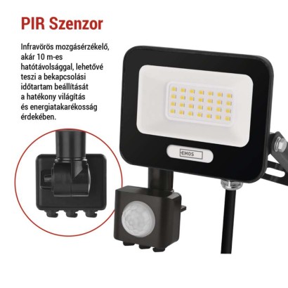 LED reflektor GLARO PIR 20 W, fekete, IP54, 2000 lm, természetes fehér