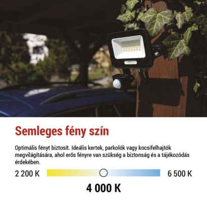 LED reflektor GLARO PIR 20 W, fekete, IP54, 2000 lm, természetes fehér