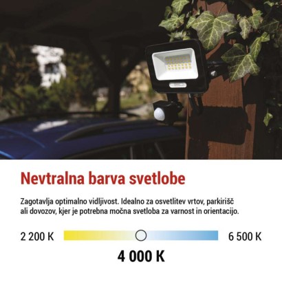 LED reflektor GLARO PIR 20 W, črni, IP54, 2000 lm, nevtralna bela