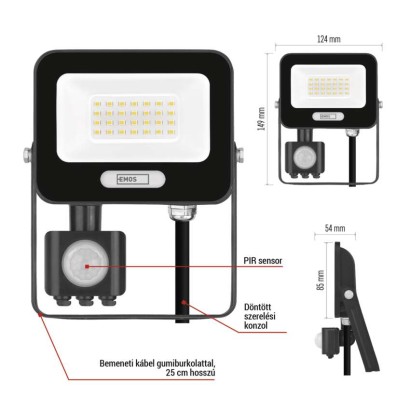 LED reflektor GLARO PIR 20 W, fekete, IP54, 2000 lm, természetes fehér