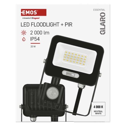 LED reflektor GLARO PIR 20 W, fekete, IP54, 2000 lm, természetes fehér
