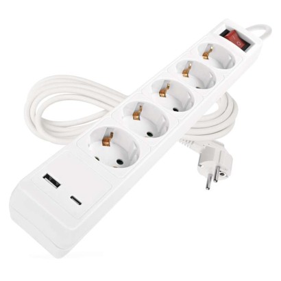 Pikendusjuhe 3 m / 5 Pistikupesa / koos lülitiga / valge / 1× USB-A + 1× USB-C / 1,5 mm2
