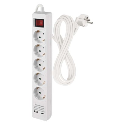 Pikendusjuhe 3 m / 5 Pistikupesa / koos lülitiga / valge / 1× USB-A + 1× USB-C / 1,5 mm2