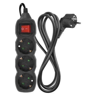 Ilgintuvas 1,5 m / 3 lizdai / su jungikliu / juodas / PVC / 1 mm2 