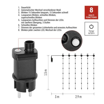 LED Weihnachtliche Drop-Kette – Vorhang, 2,9x1,5 m, Außen und Innen, warm-weiß, Programme