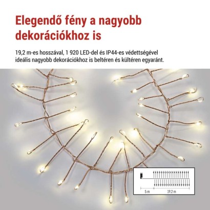 LED nano fényfüzér tekercsen, rézszínű, 19,2 m, meleg fehér, időzítő