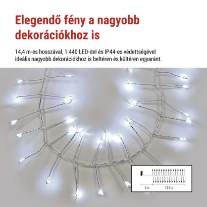 LED nano fényfüzér tekercsen, ezüst , 14,4 m, hideg fehér, időzítő