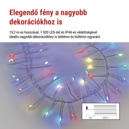 LED nano fényfüzér tekercsen, ezüst, 19,2 m, többszínű, időzítő