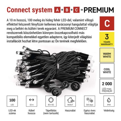 Premium LED sorolható füzér, villogó, 10 m, kültéri, meleg/hideg fehér