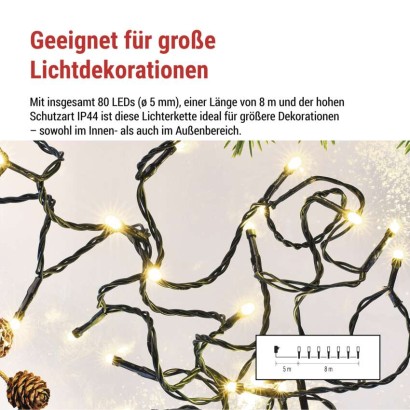 LED Weihnachtliche Lichterkette, 8 m, Außen/Innen, warmweiß, Programme, Timer