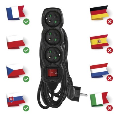 Prodlužovací kabel 5 m / 3 zásuvky / s vypínačem / černý / PVC / 1 mm2