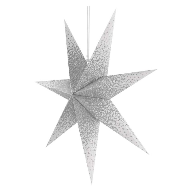 LED papírcsillag, függeszthető, ezüst csillámporos középen, fehér, 60 cm, beltéri
