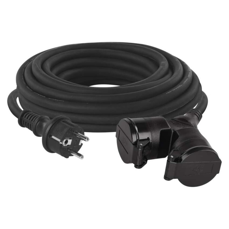 Vonkajší predlžovací kábel 10 m / 2 zásuvky / čierny / guma / 230 V / 1,5 mm2
