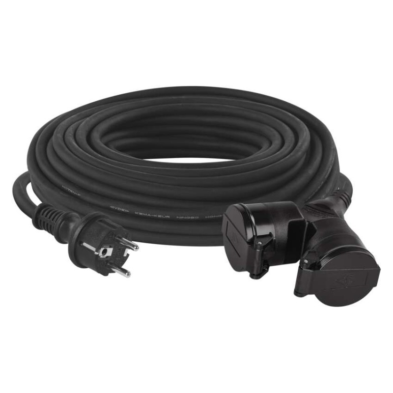 Vonkajší predlžovací kábel 20 m / 2 zásuvky / čierny / guma / 230 V / 1,5 mm2