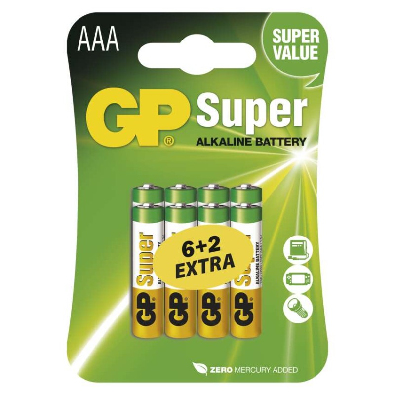 Alkalická batéria GP Super LR03 (AAA), 6+2 ks