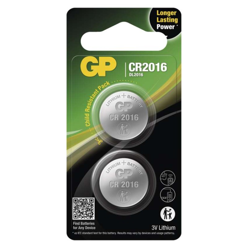 Lítiová gombíková batéria GP CR2016, 2 ks