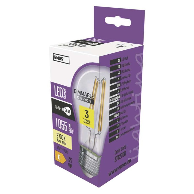 LED žárovka Filament A60 / E27 / 8,5 W (75 W) / 1 055 lm / teplá bílá / stmívatelná
