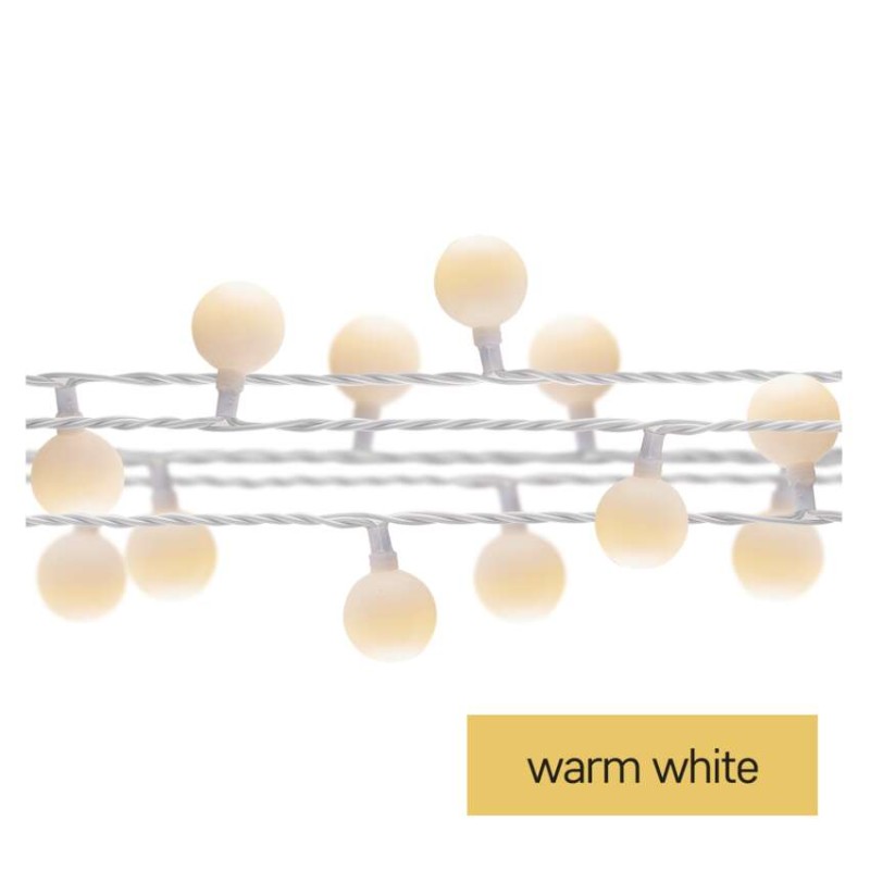 LED svetelná cherry reťaz – guličky 2,5cm, 4m, vonkajšia aj vnútorná, teplá biela, časovač