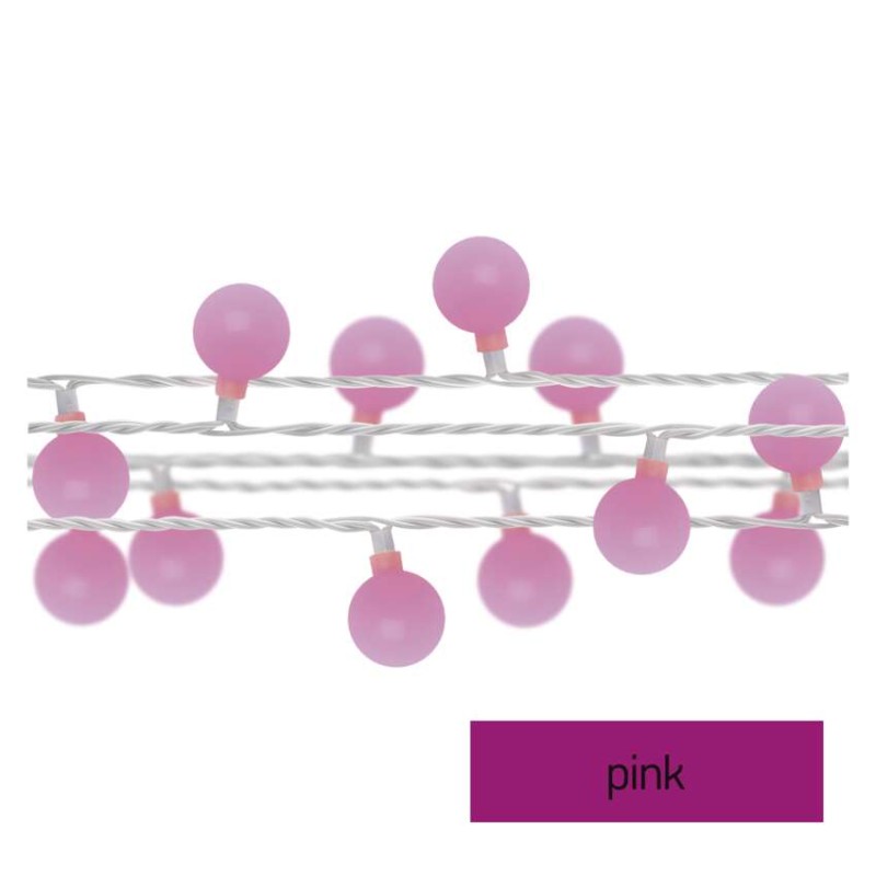 LED svetelná cherry reťaz – guličky 2,5 cm, 4 m, vonkajšia aj vnútorná, ružová, časovač