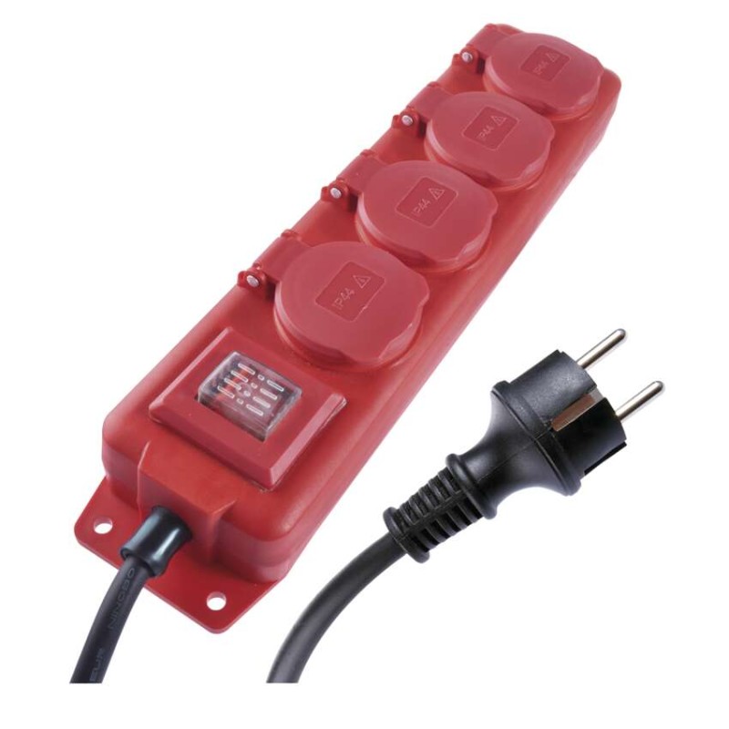 E-shop Predlžovací kábel 10 m / 4 zásuvky / s vypínačom / čierno-červený / guma-neoprén / 1,5 mm2