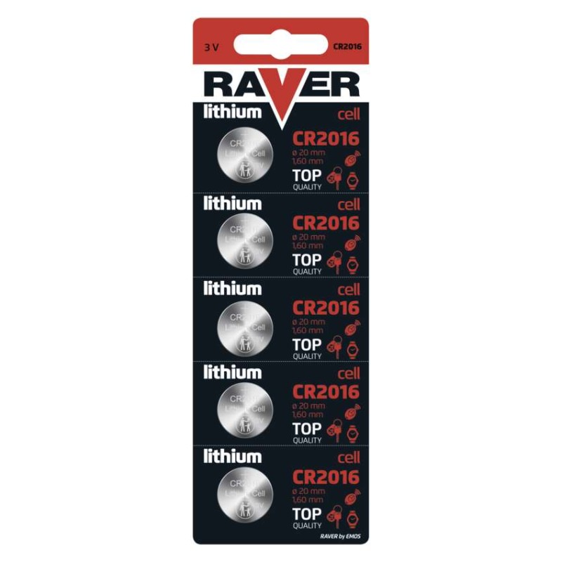 Lítiová gombíková batéria RAVER CR2016, 5 ks