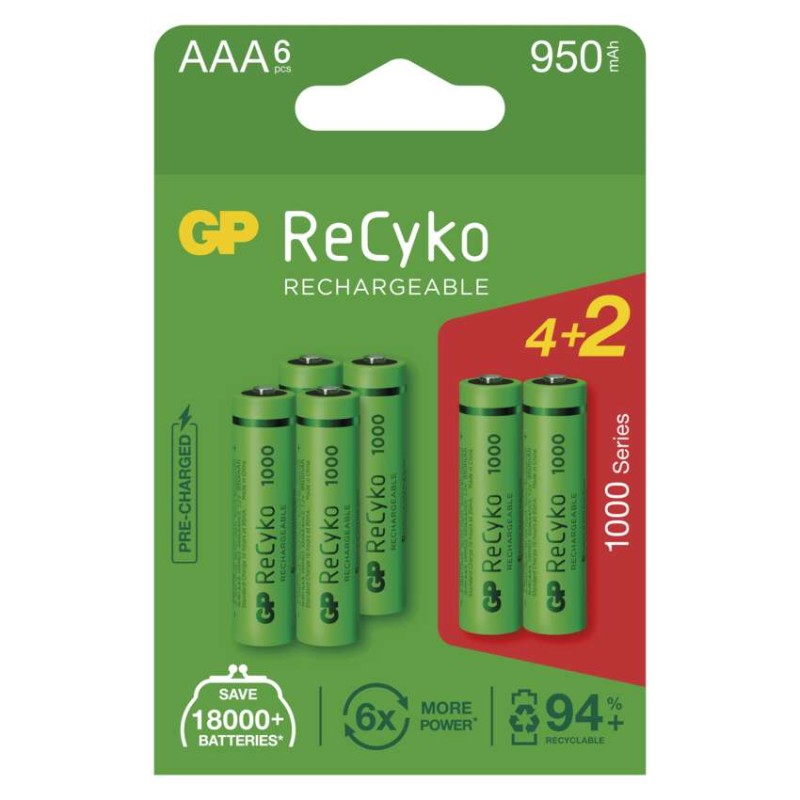 Nabíjecí baterie GP ReCyko 1000 AAA (HR03), 6 ks