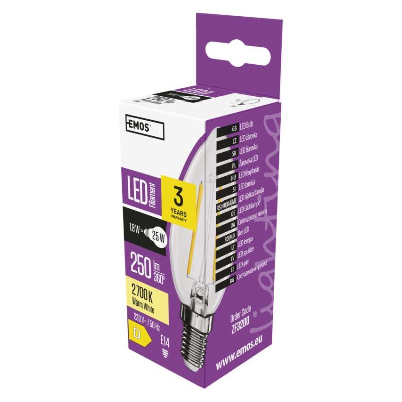 LED žárovka Filament svíčka / E14 / 1,8 W (25 W) / 250 lm / teplá bílá