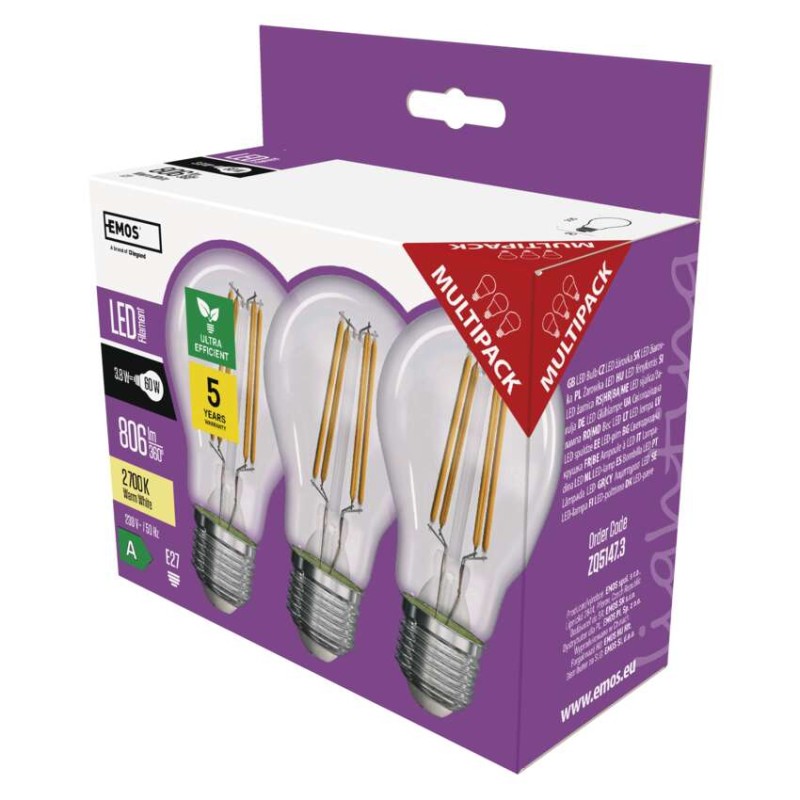 LED žárovka Filament A60 A CLASS/ E27 / 3,8 W (60 W) / 806 lm / teplá bílá